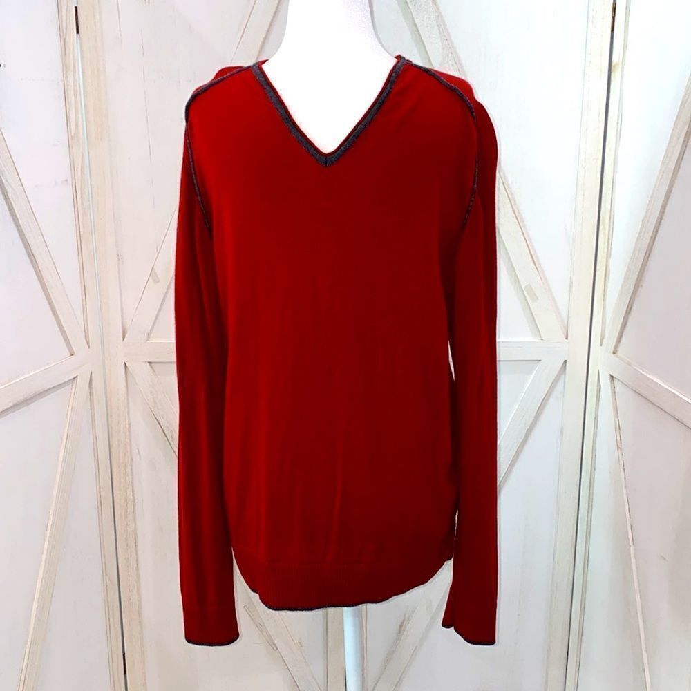 Codice 100% Merino Extra-fine Wool V-Neck Pullover In Red With Gray Trim
